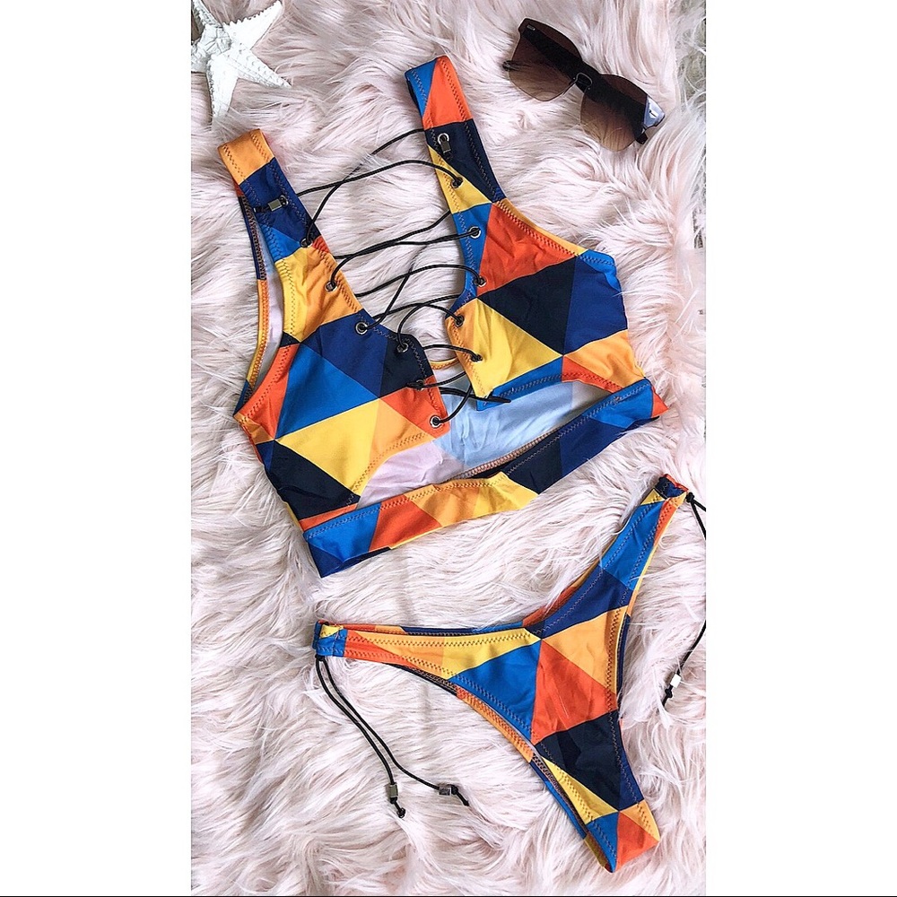 Aztec Print Lace Up Thong Bikini